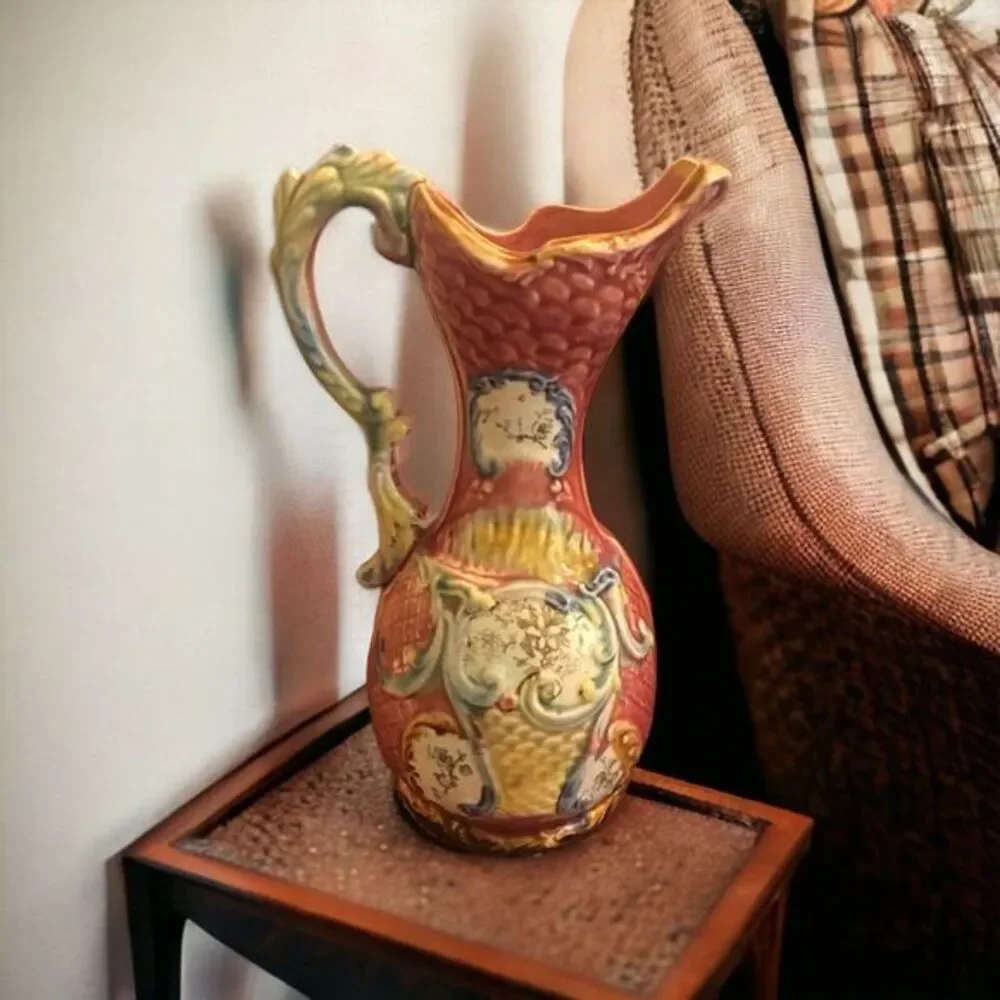 Majolica Ewer Ceramic Floral Pottery Vase/Pitcher 825 Rose Color Vintage